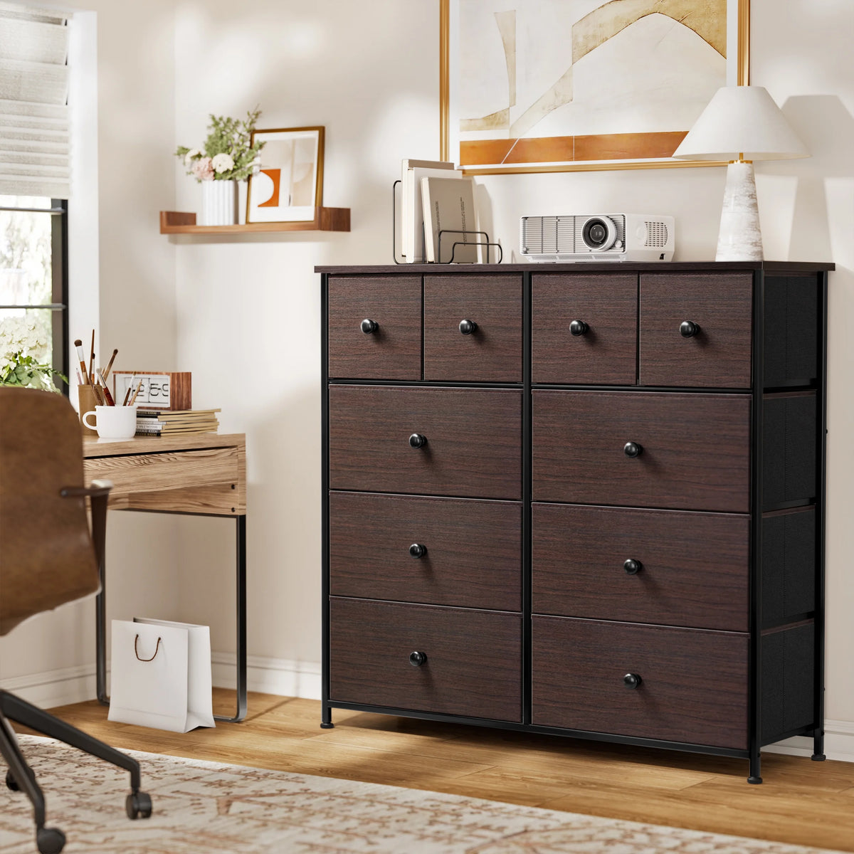 Dark Brown 10 Drawer Fabric Dresser O1971
