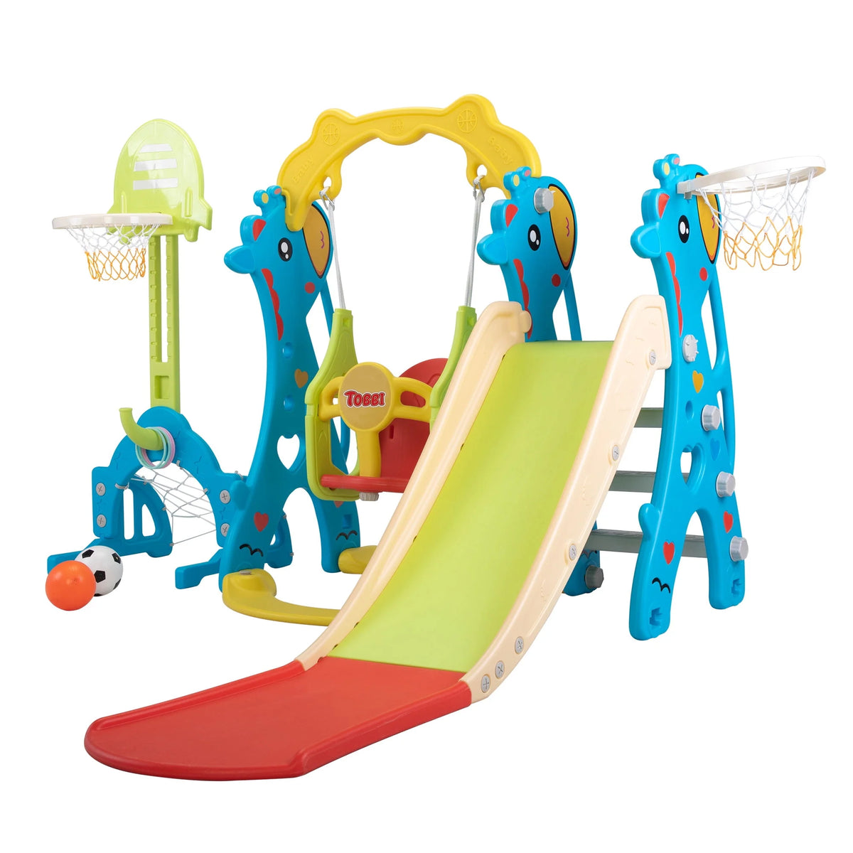 5-in-1 Toddler Climber and Swing Set with Slide, Football Gate and Basketball Hoops X457077