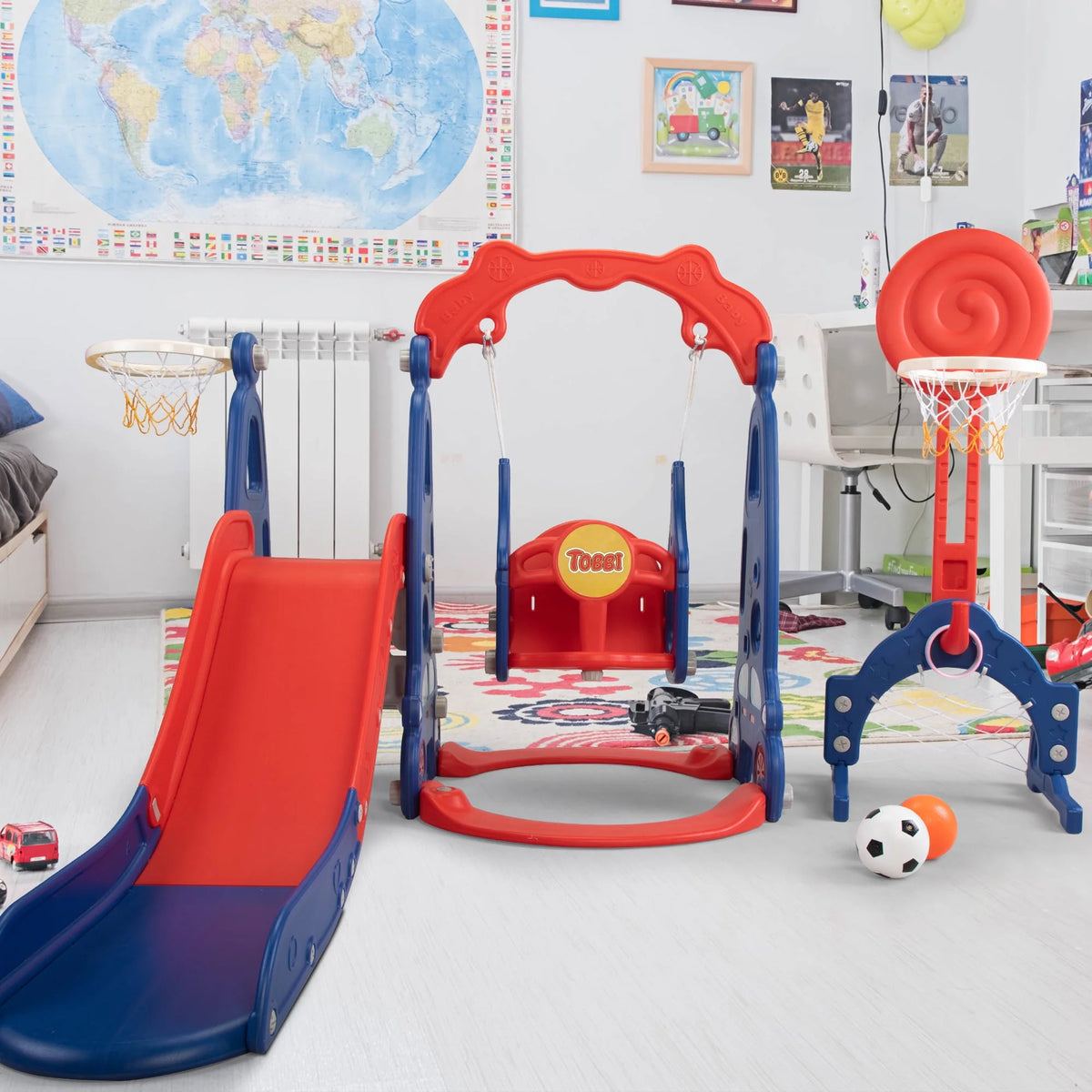 5-in-1 Toddler Climber and Swing Set with Slide, Football Gate and Basketball Hoops X457077