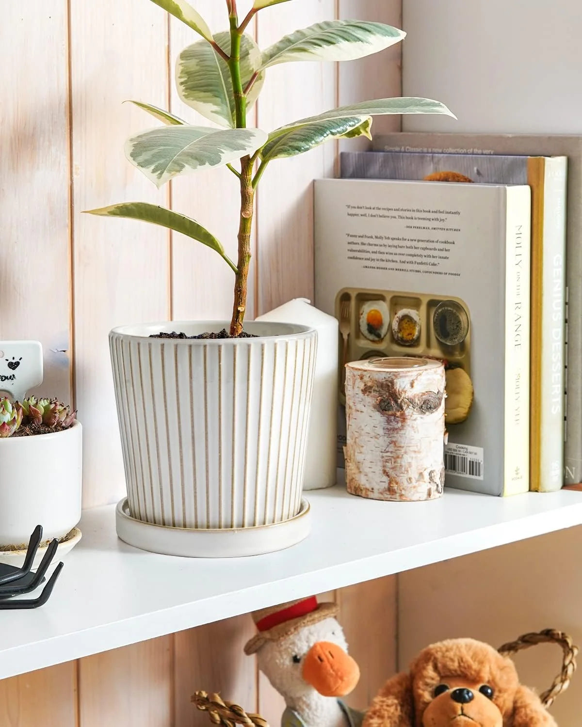 5.4 Inch Embossed Ceramic Plant Pots with Drainage, Set of 2, White I28965