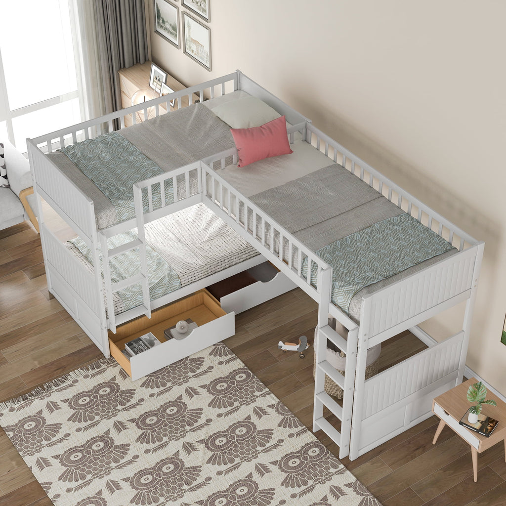 Twin Size L-Shaped Wood Triple Bunk Bed with Drawers F630