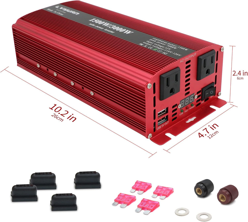 1500W Power Inverter Dual AC Outlets Dual USB DC 12V to 110V AC Car Inverter with Digital Display 4 External 40A Fuses Y1009