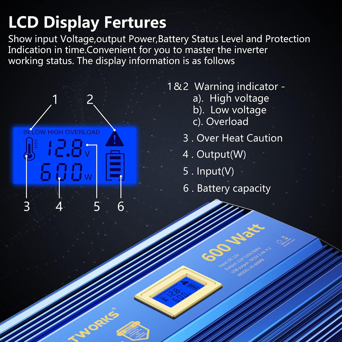 600 Watts Pure Sine Wave Power Inverter DC 12V to AC 110V with Dual USB Port & LCD Display D134