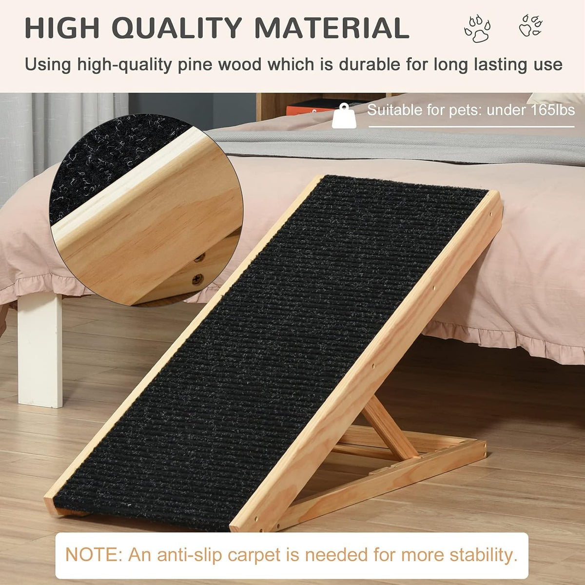 Elevated Pet Ramp, Foldable, Height Adjustable, Non-Slip Finish, Pine, 35.5" L x 16" W x 24" H, Black X4765