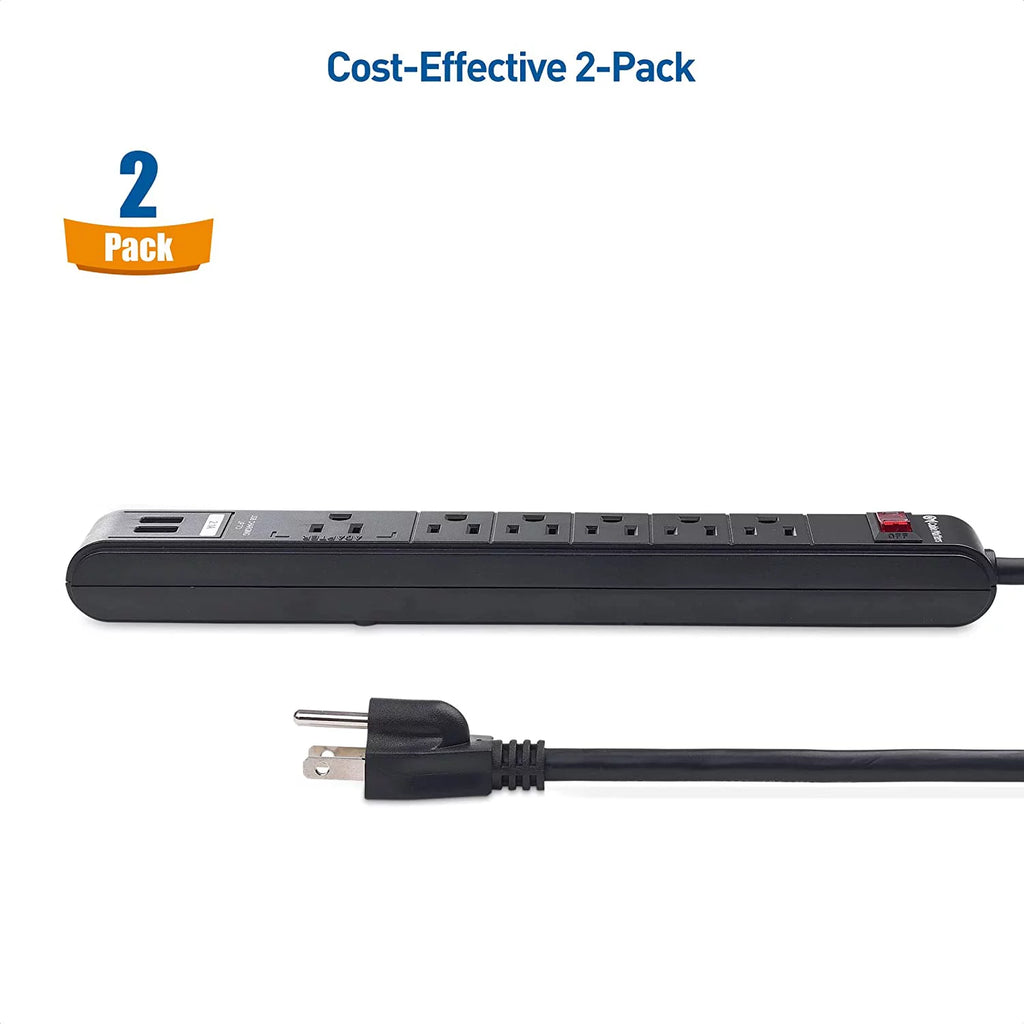 2-Pack 6 Outlet Surge Protector Power Strip with USB Charging Ports, 8 Foot Cord, Black V1251