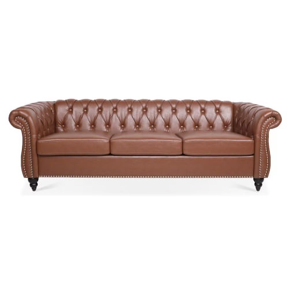 Brown PU Rolled Arm Three Seater Sofa W696