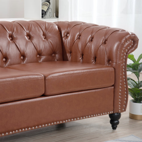 Brown PU Rolled Arm Three Seater Sofa W696