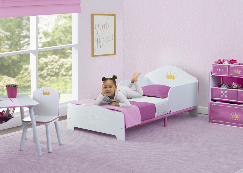 Wood Toddler Bed with Fabric Mattress Support, White/Pink X689317
