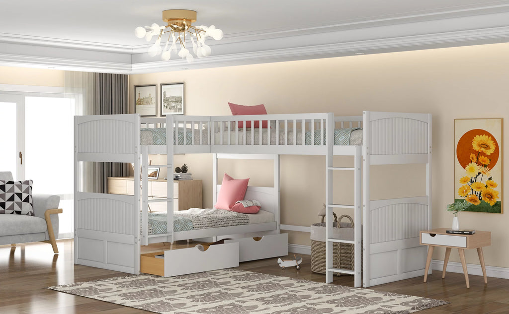 Twin Size L-Shaped Wood Triple Bunk Bed with Drawers F630