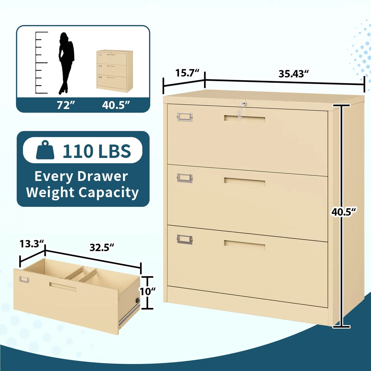 3 Drawer Metal File Cabinet with Lock T3950