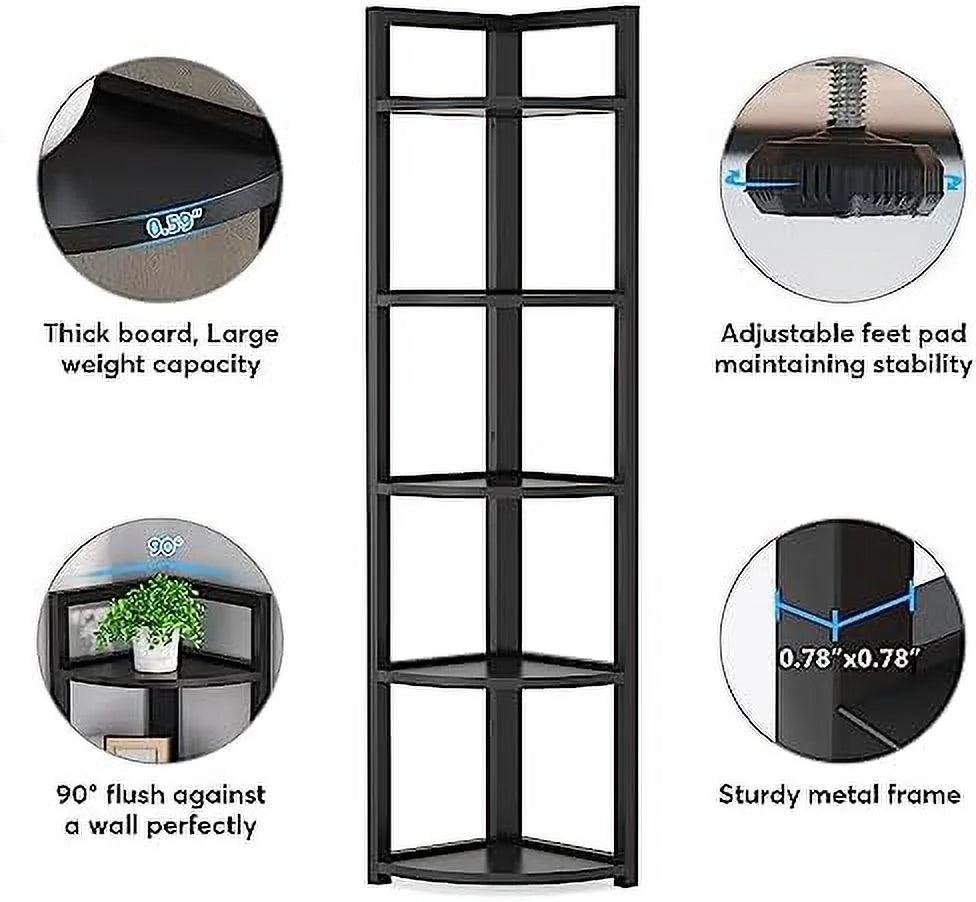 6 Tier 70.9 Inch Tall Corner Bookshelf Black I752597