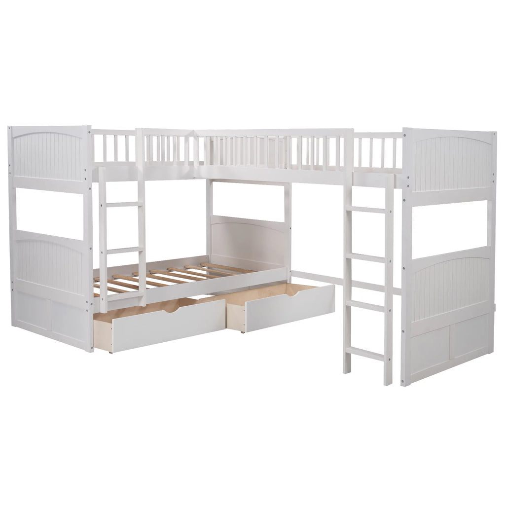 Twin Size L-Shaped Wood Triple Bunk Bed with Drawers F630
