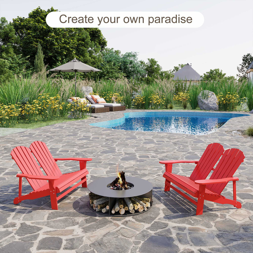 2 Person Wooden Adirondack Loveseat with High-back, Wide Armrests, Red E88607