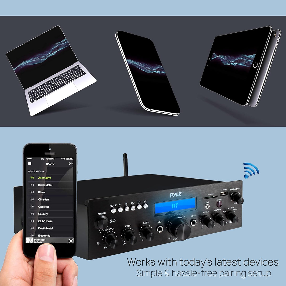 Pyle Compact Bluetooth Stereo Amplifier 200 Watt Desktop Audio Power Amp Receiver with FM Radio, MP3/USB/SD Readers, Digital LCD Display, Microphone Input S317601