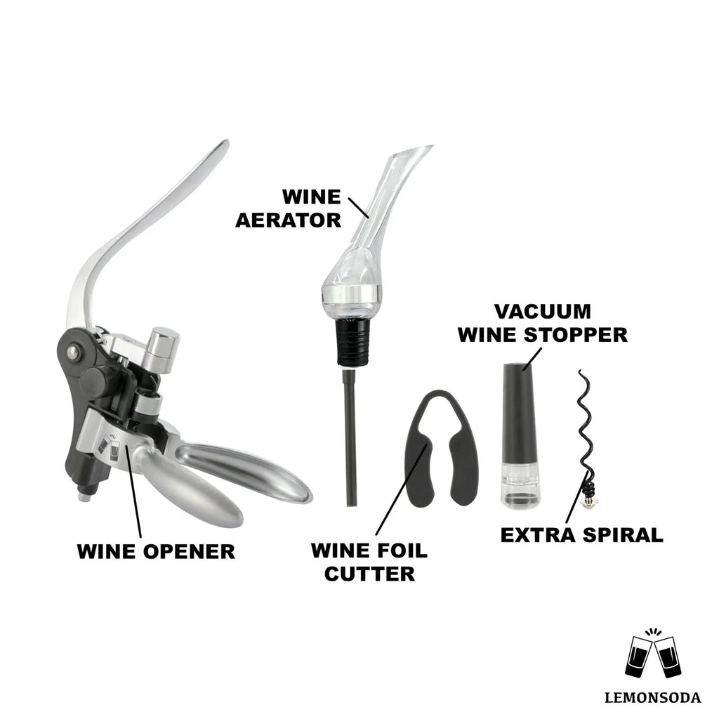 Wine Bottle Opener Kit with Corkscrew, Pourer, Foil Cutter, Stopper W1898