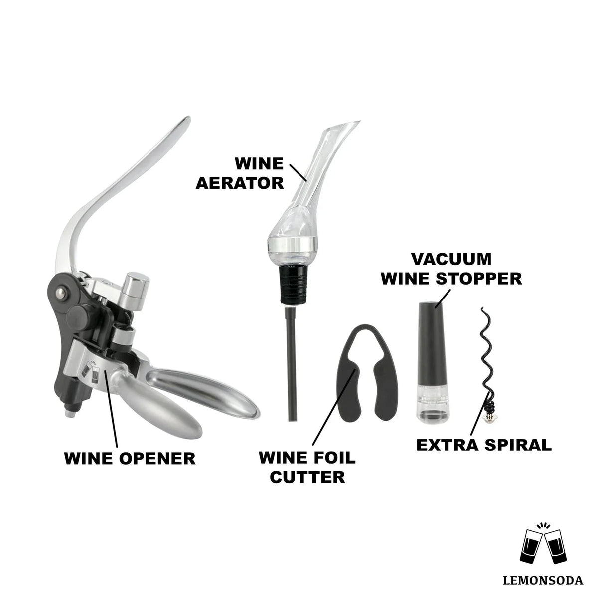 Wine Bottle Opener Kit with Corkscrew, Pourer, Foil Cutter, Stopper W1898