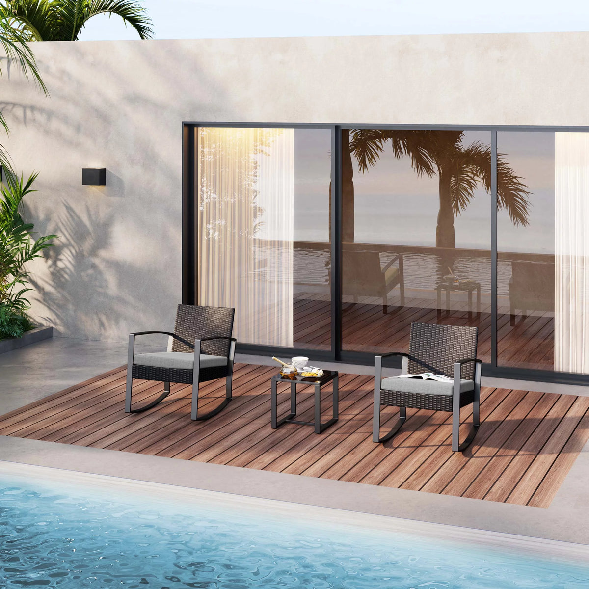 3 Pieces Wicker Patio Set with Glass Table Grey Cushion V3677