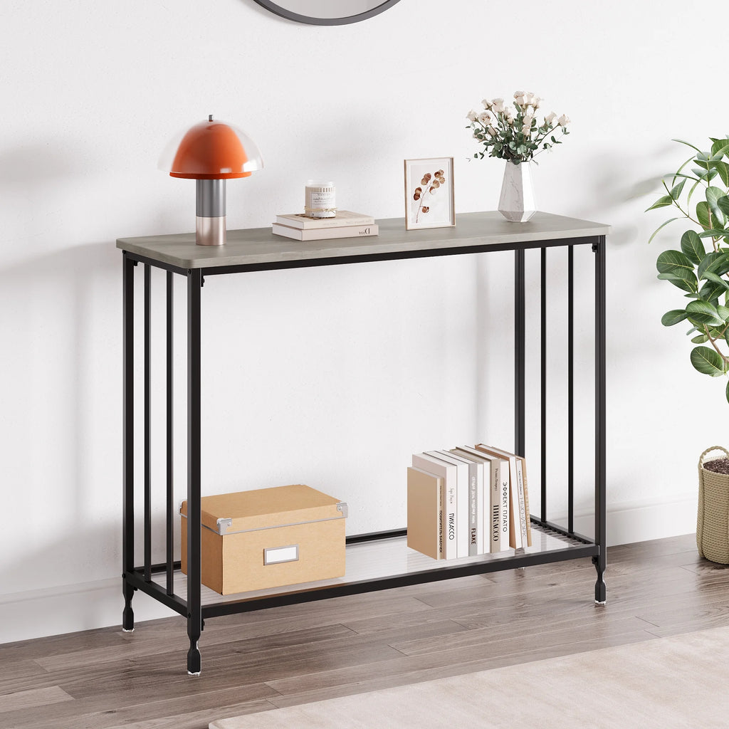 Gray Console Table with Glass Shelf and Metal Frame G16539