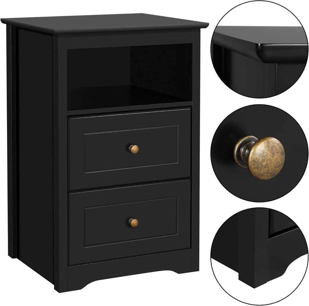 Black Tall End Table with 2 Drawers and Open Shelf U1724