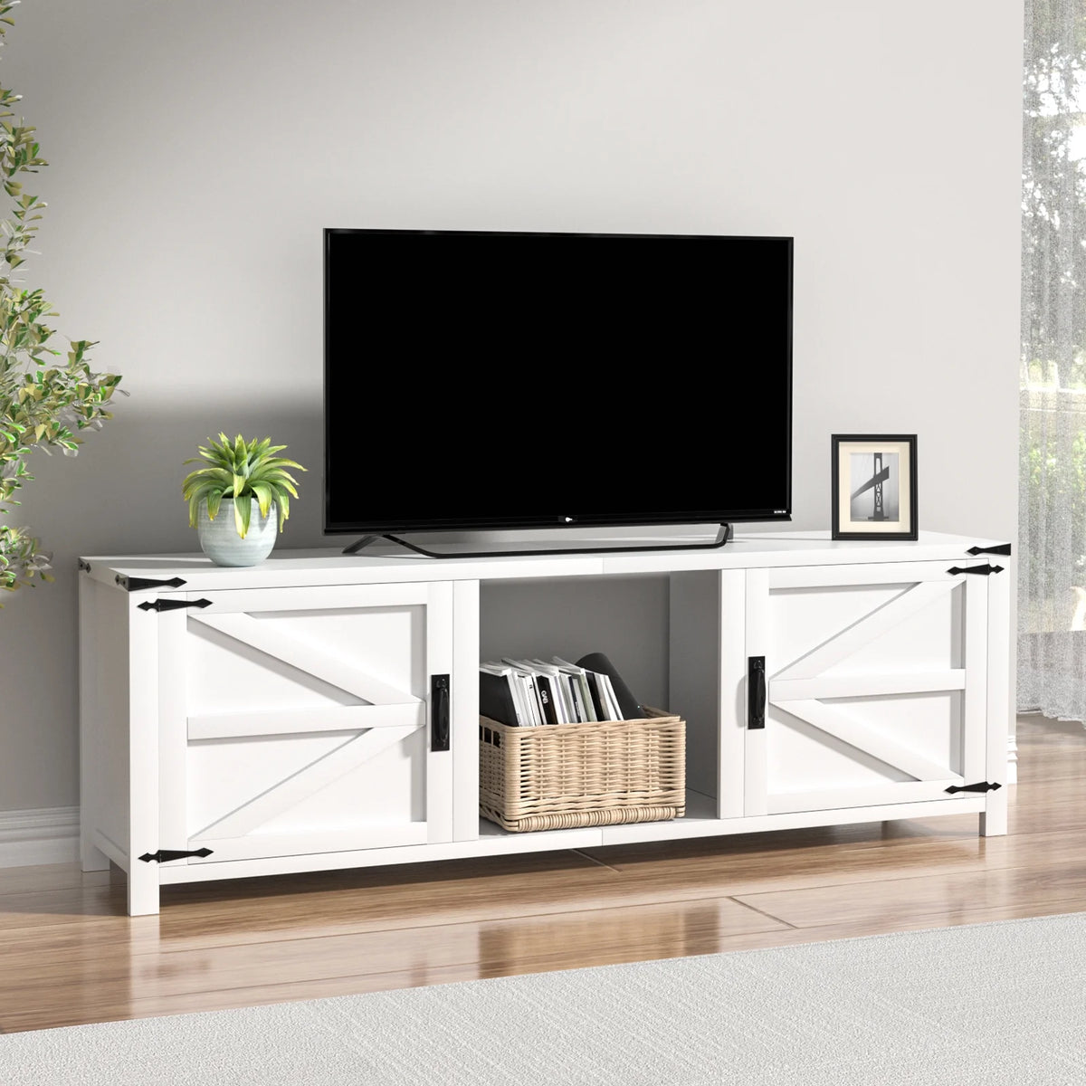 70" White TV Stand with Barn Doors T418419