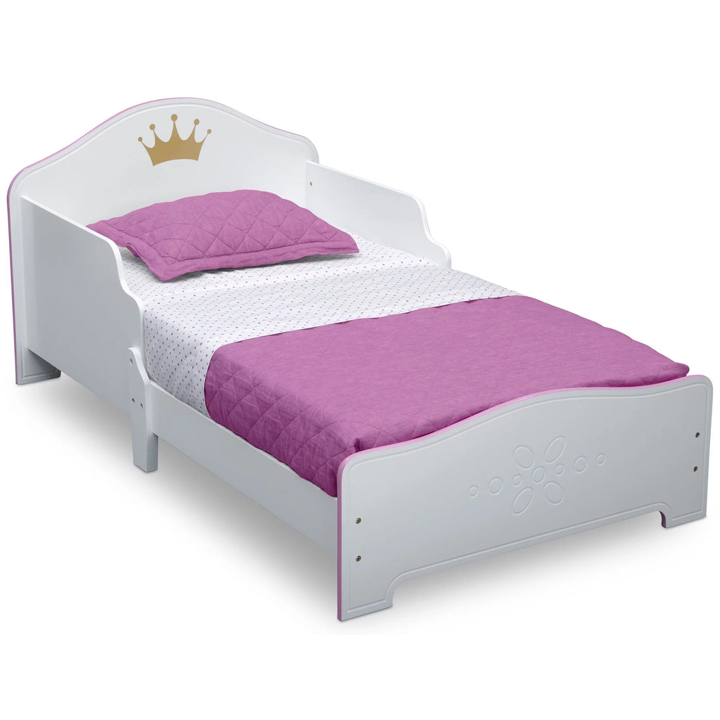 Wood Toddler Bed with Fabric Mattress Support, White/Pink X689317