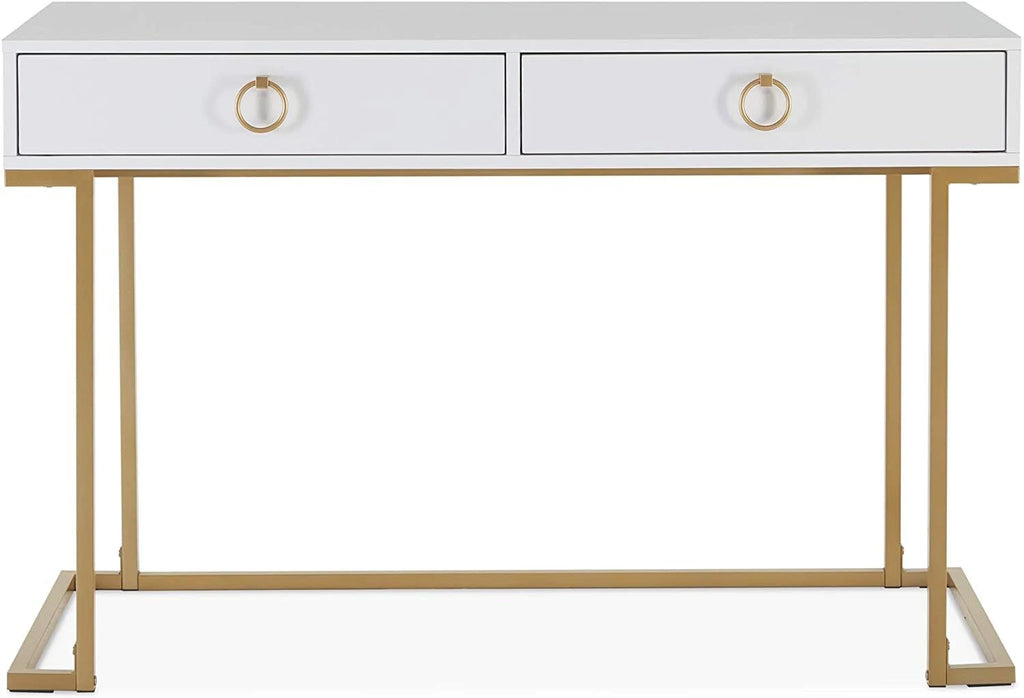 White & Gold Desk Console with Drawers L36649