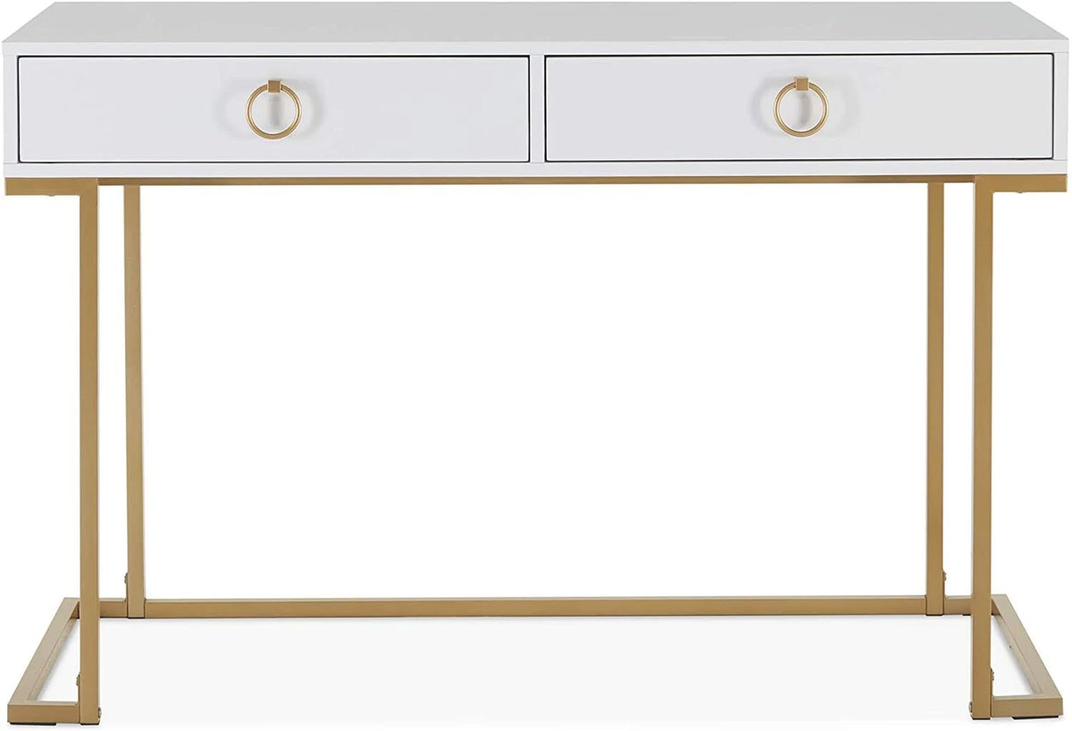 White & Gold Desk Console with Drawers L36649
