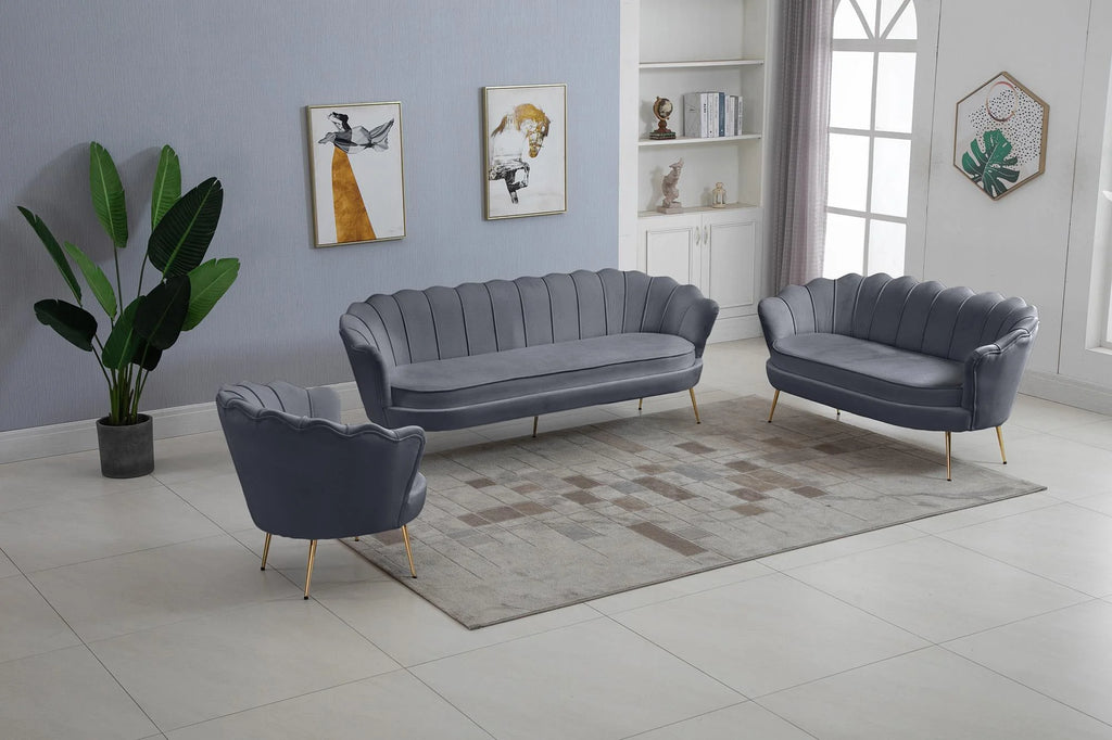 Grey Velvet Channel Tufted Sofa Set 3 Pcs W5915