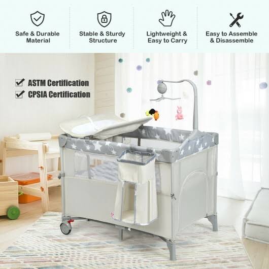 Beige Portable Baby Bassinet Crib Playard with Diaper Changer P1696
