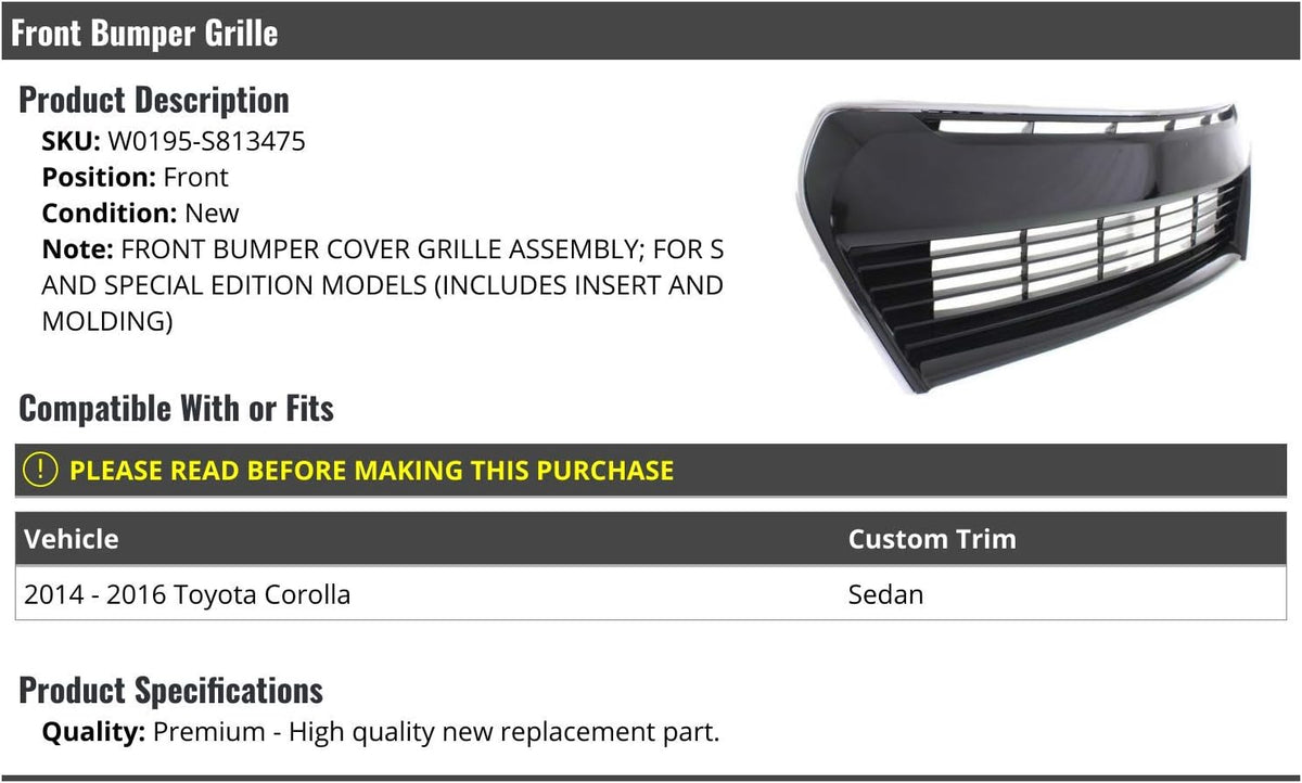 Front Bumper Cover Grille for 2014-2016 Toyota Corolla S and Special Edition T668951