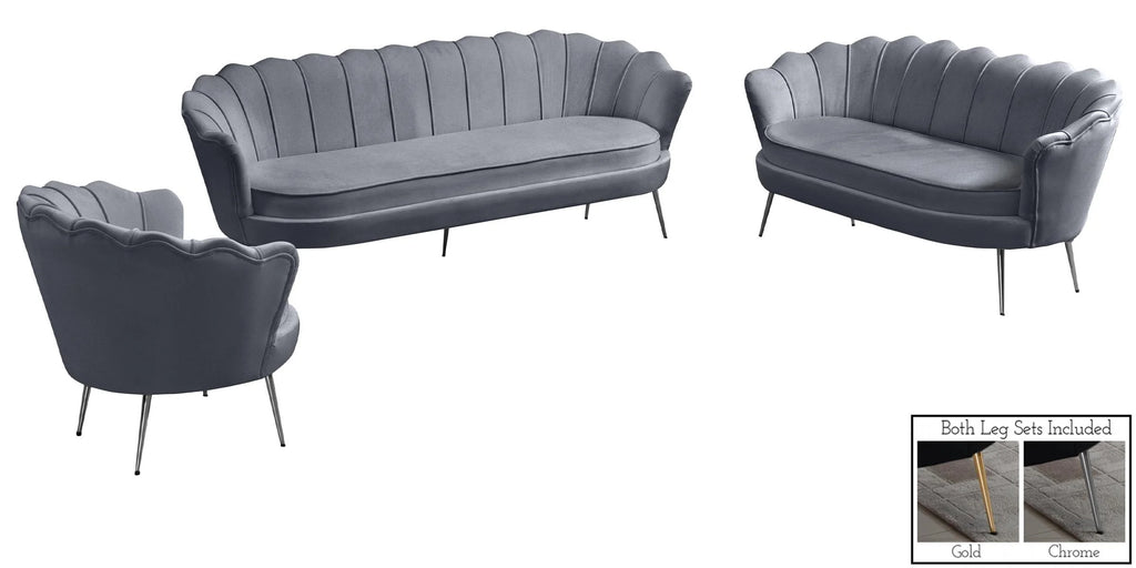 Grey Velvet Channel Tufted Sofa Set 3 Pcs W5915