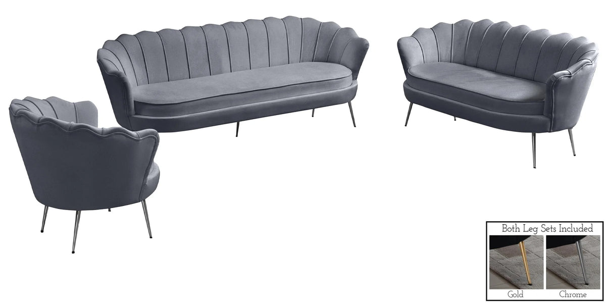 Grey Velvet Channel Tufted Sofa Set 3 Pcs W5915