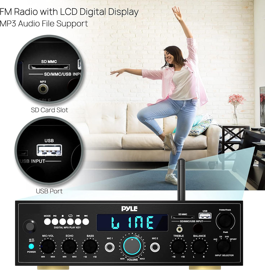 Pyle Compact Bluetooth Stereo Amplifier 200 Watt Desktop Audio Power Amp Receiver with FM Radio, MP3/USB/SD Readers, Digital LCD Display, Microphone Input S317601