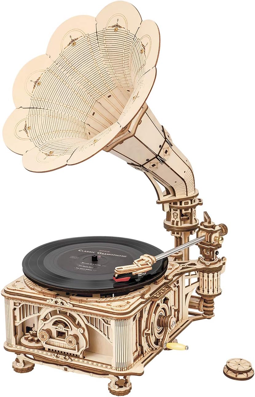 3D Wooden Puzzles Craft Model Kits Record Player DIY Mechanical Vintage Gramophone Pack of 2 V25722