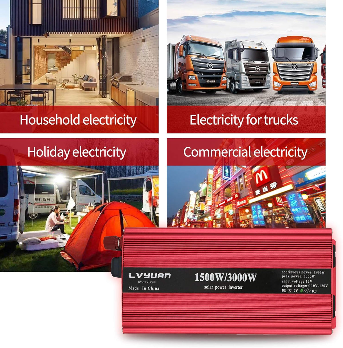 1500W Power Inverter Dual AC Outlets Dual USB DC 12V to 110V AC Car Inverter with Digital Display 4 External 40A Fuses Y1009