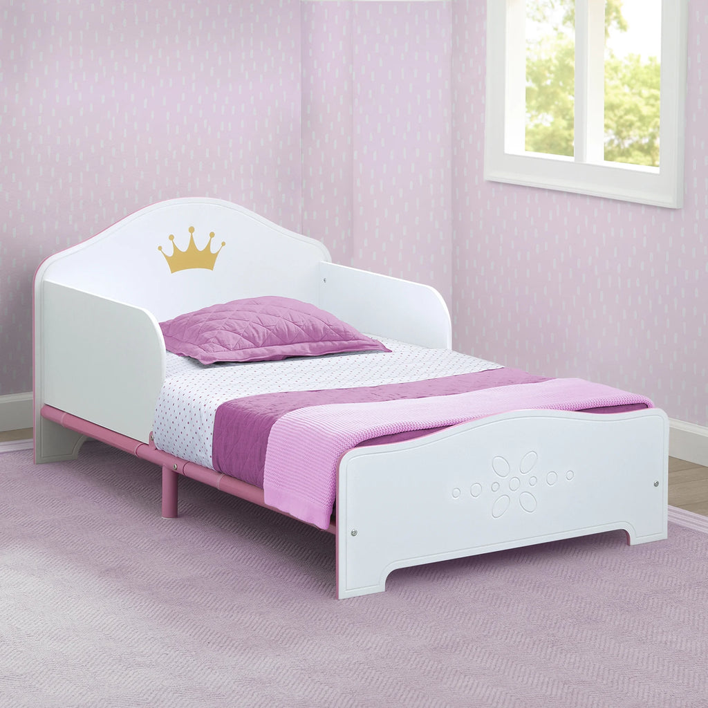 Wood Toddler Bed with Fabric Mattress Support, White/Pink X689317