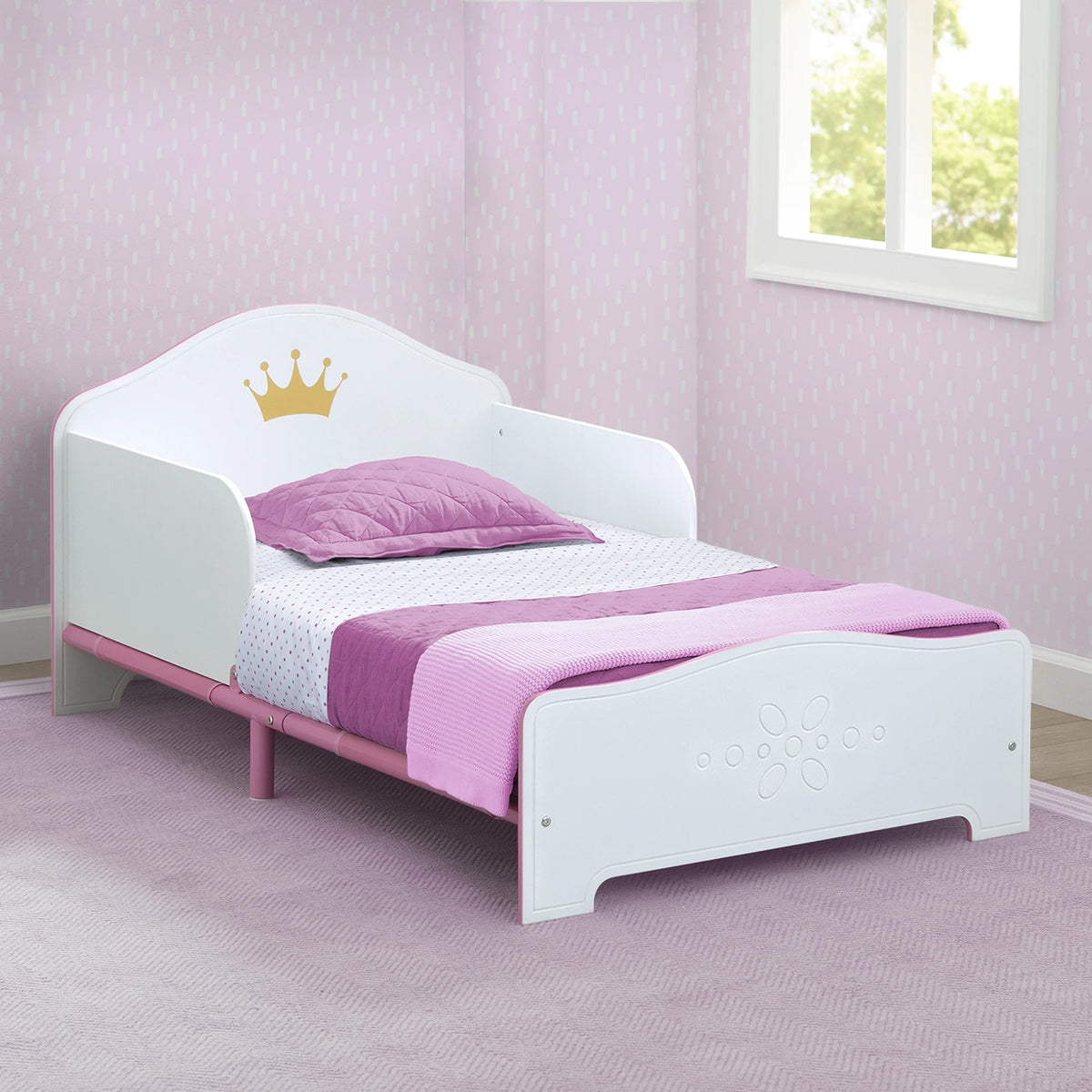Wood Toddler Bed with Fabric Mattress Support, White/Pink X689317