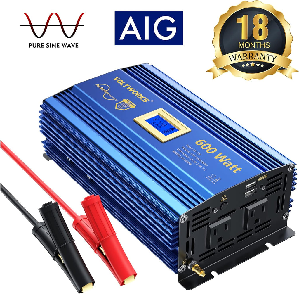 600 Watts Pure Sine Wave Power Inverter DC 12V to AC 110V with Dual USB Port & LCD Display D134