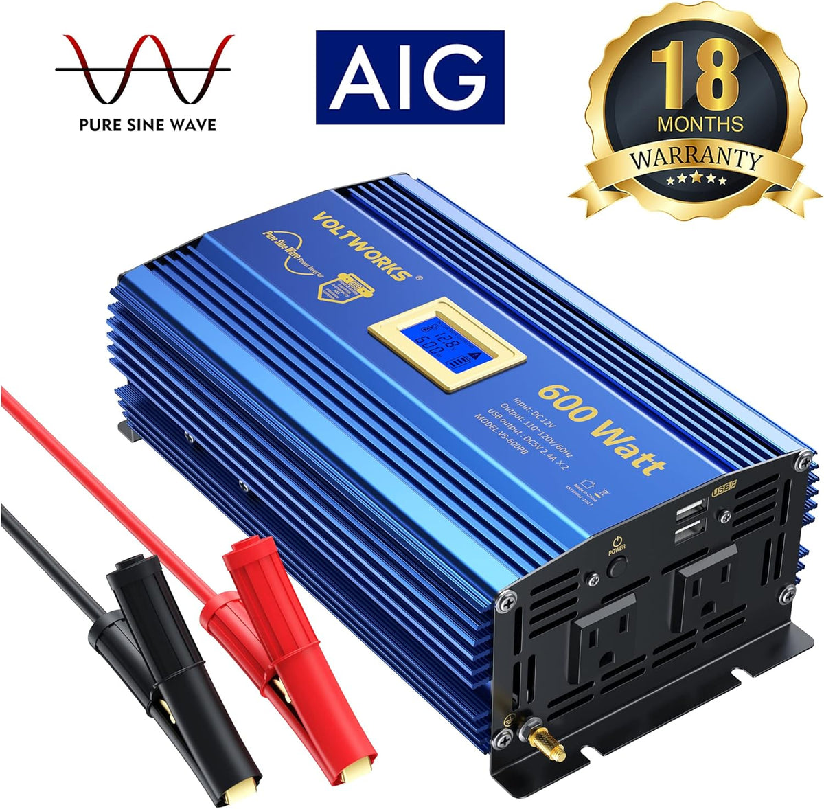 600 Watts Pure Sine Wave Power Inverter DC 12V to AC 110V with Dual USB Port & LCD Display D134