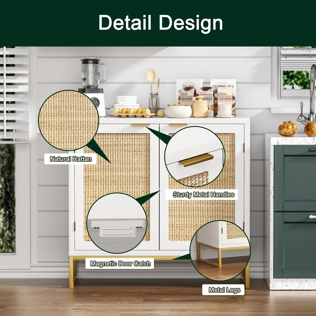 White 2 Rattan Doors Sideboard Buffet Cabinet with Shelf W694