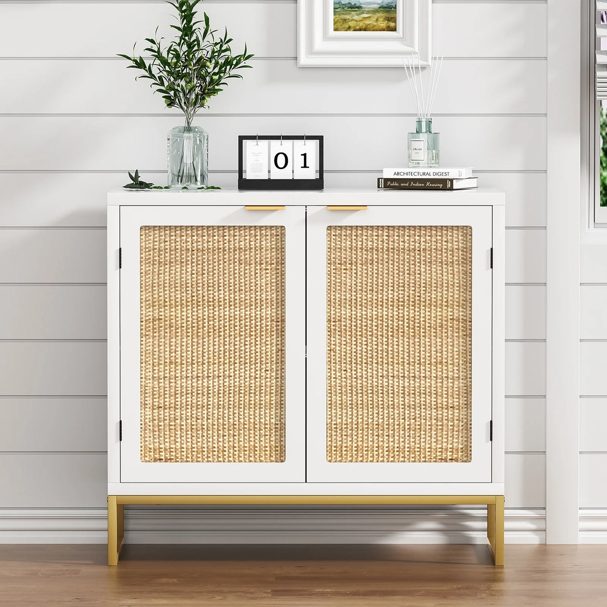 White 2 Rattan Doors Sideboard Buffet Cabinet with Shelf W694