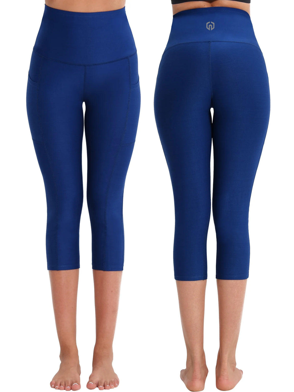 Black Blue High Waist Stretch Capri Leggings with Pockets A4343
